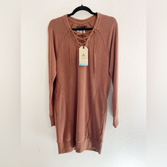 PrAna Cozy Up Terry Dress Raux Heather Lace-up V-Neck Lounge NWT. XS - Picture 2 of 10